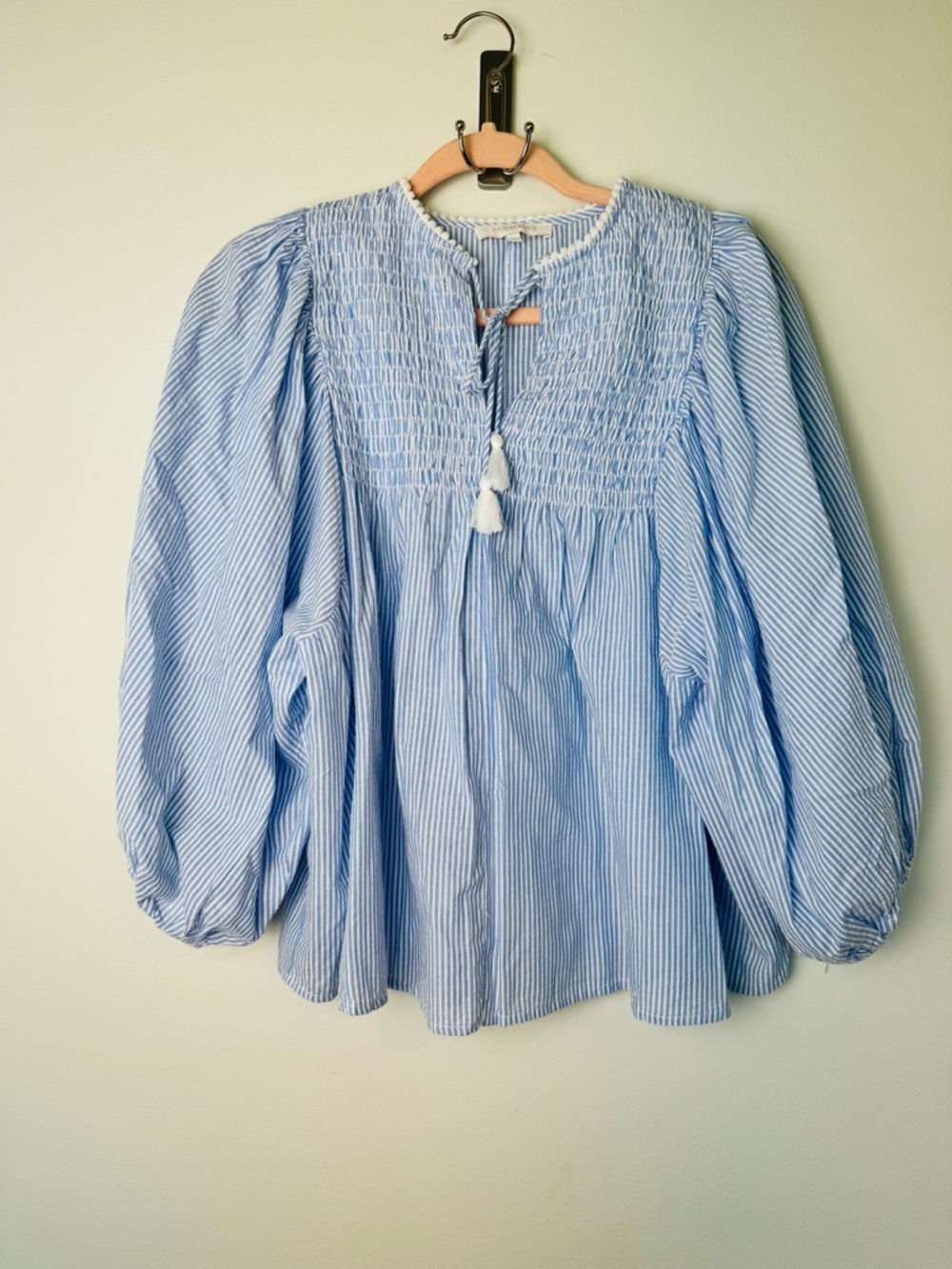 Olivaceous Light Blue & White Striped Smocked Peasant Blouse